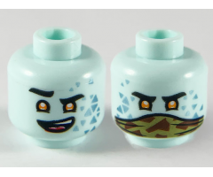 Minifigure, Head Dual Sided Alien with Black Eyebrows, Lower Eyelids, Orange Eyes, Metallic Light Blue Triangles, Lopsided Open Mouth Smile with Top Teeth and Red Tongue / Olive Green and Reddish Brown Camouflage Bandana Pattern