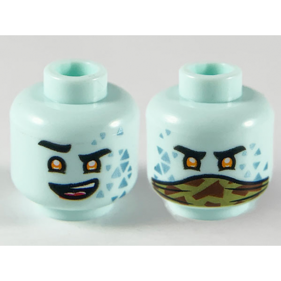 Minifigure, Head Dual Sided Alien with Black Eyebrows, Lower Eyelids, Orange Eyes, Metallic Light Blue Triangles, Lopsided Open Mouth Smile with Top Teeth and Red Tongue / Olive Green and Reddish Brown Camouflage Bandana Pattern