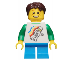 Classic Space Minifigure Floating Pattern, Dark Azure Short Legs, Dark Brown Short Tousled Hair