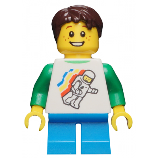 Classic Space Minifigure Floating Pattern, Dark Azure Short Legs, Dark Brown Short Tousled Hair