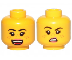 Minifigure, Head Dual Sided Female Black Eyebrows, Medium Nougat Freckles, Dark Pink Lips, Open Mouth Smile / Disgusted Pattern