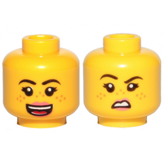 Minifigure, Head Dual Sided Female Black Eyebrows, Medium Nougat Freckles, Dark Pink Lips, Open Mouth Smile / Disgusted Pattern