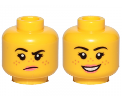 Minifigure, Head Dual Sided Female, Freckles, Pink Lips, Raised Right Eyebrow, Grumpy / Smile Pattern