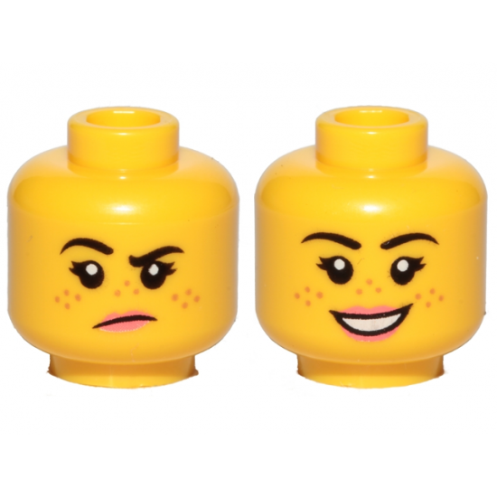 Minifigure, Head Dual Sided Female, Freckles, Pink Lips, Raised Right Eyebrow, Grumpy / Smile Pattern