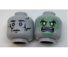 Minifigure, Head Dual Sided Alien Cracked Statue / Sand Green Ghost Face with Scowl and Fangs Pattern