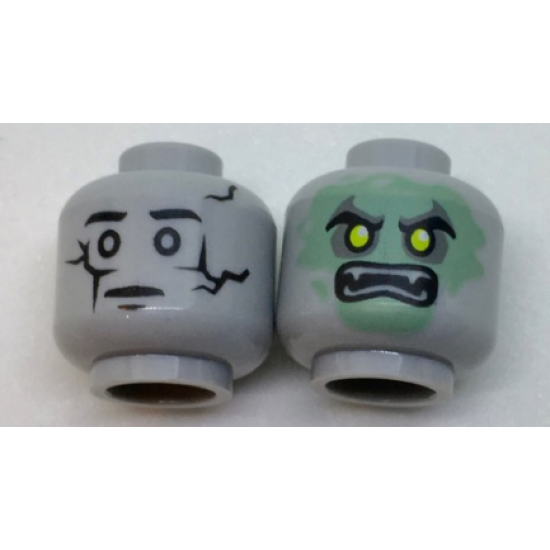 Minifigure, Head Dual Sided Alien Cracked Statue / Sand Green Ghost Face with Scowl and Fangs Pattern