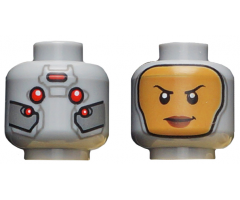 Minifigure, Head Dual Sided Female Balaclava with Yellow Face / Red Eyes, Silver Plates Pattern