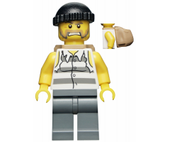 Police - Jail Prisoner Shirt with Prison Stripes and Torn out Sleeves, Dark Bluish Gray Legs, Black Knit Cap, Backpack
