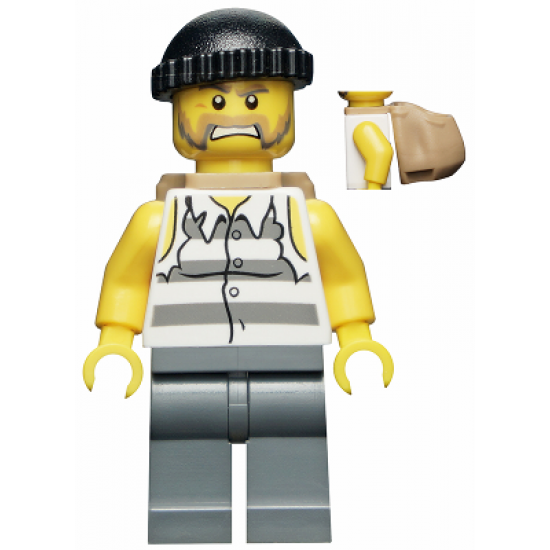 Police - Jail Prisoner Shirt with Prison Stripes and Torn out Sleeves, Dark Bluish Gray Legs, Black Knit Cap, Backpack