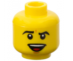 Minifigure, Head Black Angled Eyebrows, Dark Orange Chin Dimple, Open Mouth Smile with Top Teeth and Red Tongue Pattern