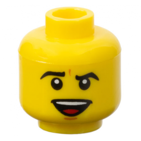 Minifigure, Head Black Angled Eyebrows, Dark Orange Chin Dimple, Open Mouth Smile with Top Teeth and Red Tongue Pattern