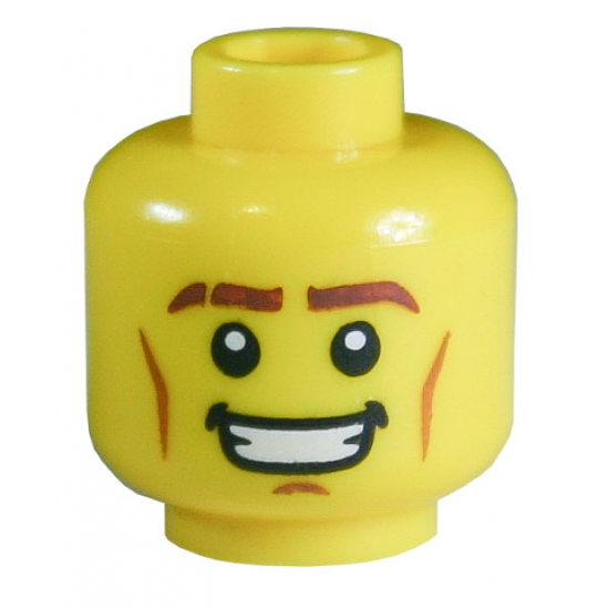Minifigure, Head Reddish Brown Eyebrows with Scar, Medium Nougat Cheek Lines and Chin Dimple, Open Mouth Smile with Teeth Pattern