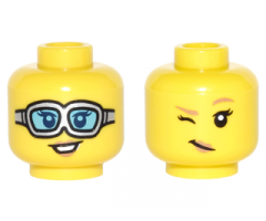 Minifigure, Head Dual Sided Female Silver Goggles with Medium Azure Lenses / Dark Tan Eyebrows and Wink Pattern