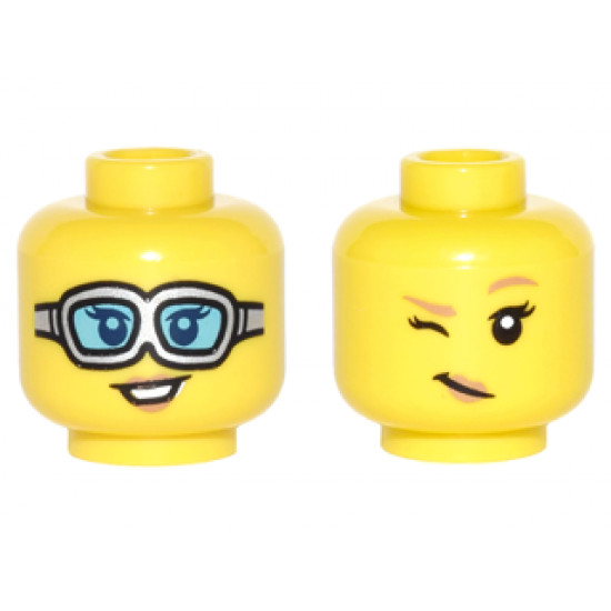Minifigure, Head Dual Sided Female Silver Goggles with Medium Azure Lenses / Dark Tan Eyebrows and Wink Pattern