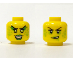 Minifigure, Head Dual Sided Female Black Eyelashes and Eyebrows, Lime Splotches, Smirk / Green Eye Shadow and Lips, Teeth Pattern