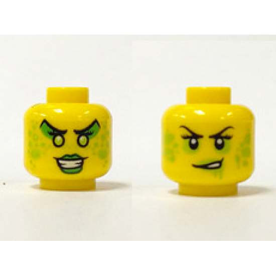 Minifigure, Head Dual Sided Female Black Eyelashes and Eyebrows, Lime Splotches, Smirk / Green Eye Shadow and Lips, Teeth Pattern