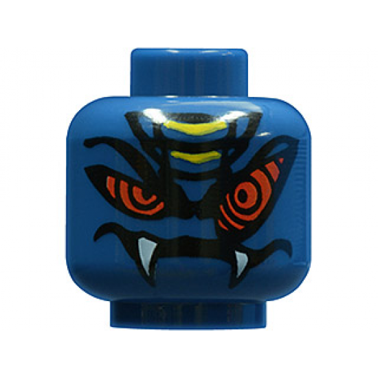 Minifigure, Head Alien Snake with Black Long Eyebrows, Large Red Eyes, Yellow Scales, Wide Lopsided Grin with Fangs Pattern