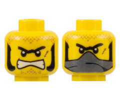 Minifigure, Head Dual Sided Black Thick Unibrow and Mutton Chops, Dark Tan Dirt Stains, Reddish Brown Scar, Angry Bared Teeth / Dark Bluish Gray Bandana over Mouth Pattern