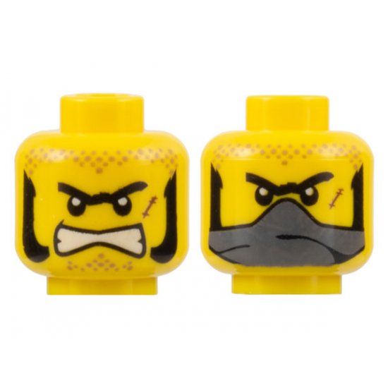 Minifigure, Head Dual Sided Black Thick Unibrow and Mutton Chops, Dark Tan Dirt Stains, Reddish Brown Scar, Angry Bared Teeth / Dark Bluish Gray Bandana over Mouth Pattern
