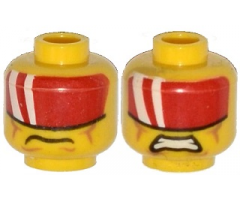 Minifigure, Head Dual Sided Red Visor with 2 White Bands, Cheek Lines, Mouth Closed / Clenched Teeth Pattern