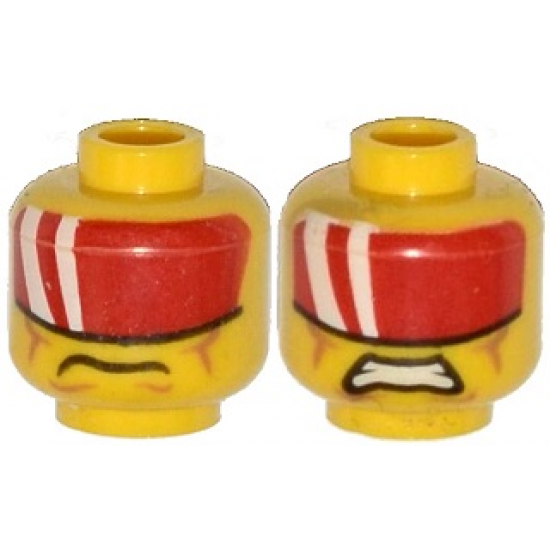 Minifigure, Head Dual Sided Red Visor with 2 White Bands, Cheek Lines, Mouth Closed / Clenched Teeth Pattern