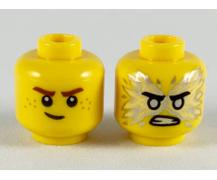 Minifigure, Head Dual Sided Reddish Brown Eyebrows, White Pupils, Lopsided Smile / Black Eyebrows, Flat Silver Eyes, Energy, Angry Pattern (Jay)