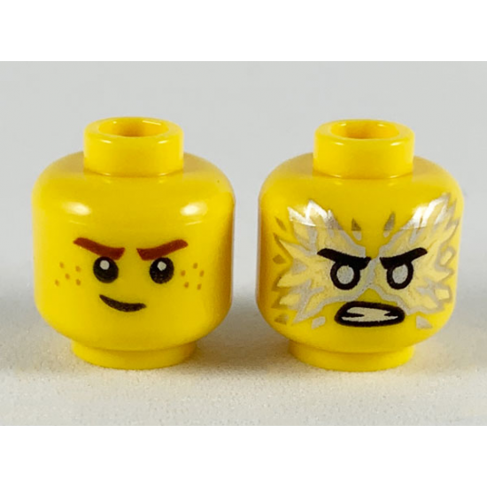 Minifigure, Head Dual Sided Reddish Brown Eyebrows, White Pupils, Lopsided Smile / Black Eyebrows, Flat Silver Eyes, Energy, Angry Pattern (Jay)