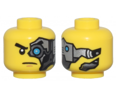 Minifigure, Head Alien with Black Eyebrow, Dark Azure Mechanical Left Eye, Silver Head Plate, Medium Nougat Chin Dimple, Frown Pattern
