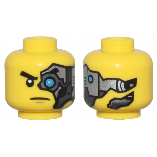 Minifigure, Head Alien with Black Eyebrow, Dark Azure Mechanical Left Eye, Silver Head Plate, Medium Nougat Chin Dimple, Frown Pattern