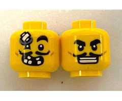 Minifigure, Head Dual Sided Black Eyebrows, Moustache, Open Mouth Grin, White Teeth / Bandage on Forehead Pattern