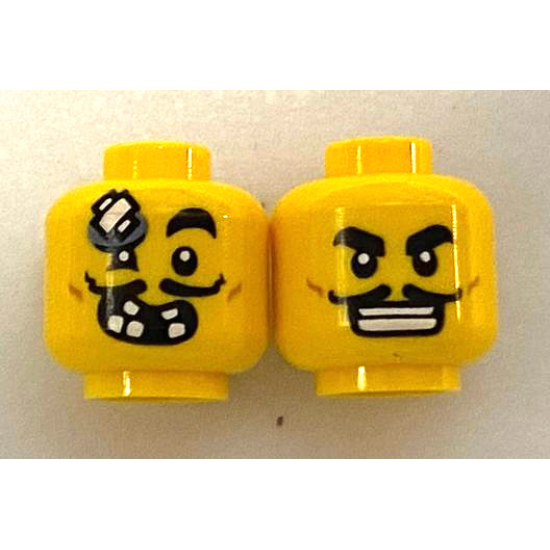 Minifigure, Head Dual Sided Black Eyebrows, Moustache, Open Mouth Grin, White Teeth / Bandage on Forehead Pattern