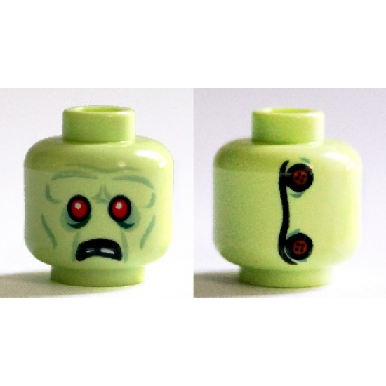 Minifigure, Head Alien Zombie, Red Eyes, Frowning, Broken Teeth, Stitching and 2 Buttons on Back Pattern