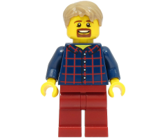 LEGOLAND Park Male, Dark Blue Plaid Button Shirt Pattern, Dark Tan Hair with Slight Widow's Peak, Goatee