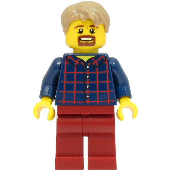 LEGOLAND Park Male, Dark Blue Plaid Button Shirt Pattern, Dark Tan Hair with Slight Widow's Peak, Goatee