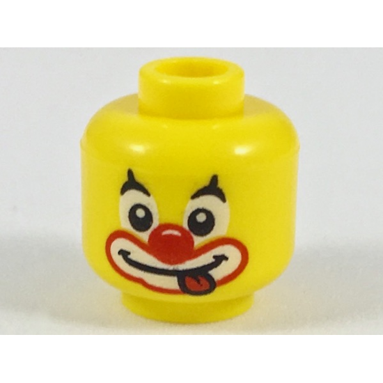 Minifigure, Head Clown Black Pointed Eyebrows, White Circles Around Eyes, Red Nose, Large Painted Smile Pattern