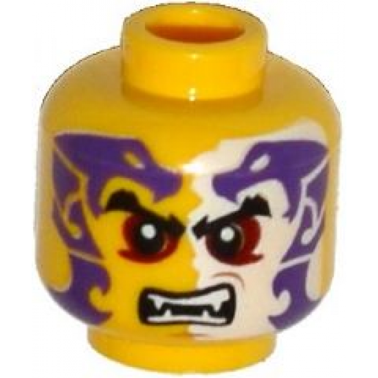 Minifigure, Head Black Eyebrows, Dark Red Eyes, Dark Purple and White Snakes Tattoo, Open Mouth with Fangs Pattern