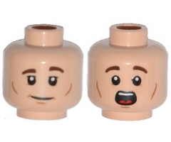 Minifigure, Head Dual Sided Brown Eyebrows, White Pupils and Chin and Cheek Dimples, Slight Smile / Scared Pattern