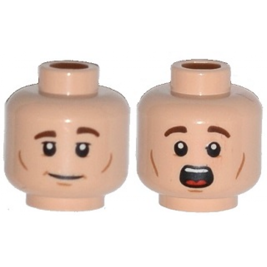 Minifigure, Head Dual Sided Brown Eyebrows, White Pupils and Chin and Cheek Dimples, Slight Smile / Scared Pattern