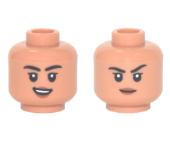 Minifigure, Head Dual Sided Female, Black Eyebrows, Medium Nougat Lips Open Mouth Smile / Raised Eyebrow Pattern
