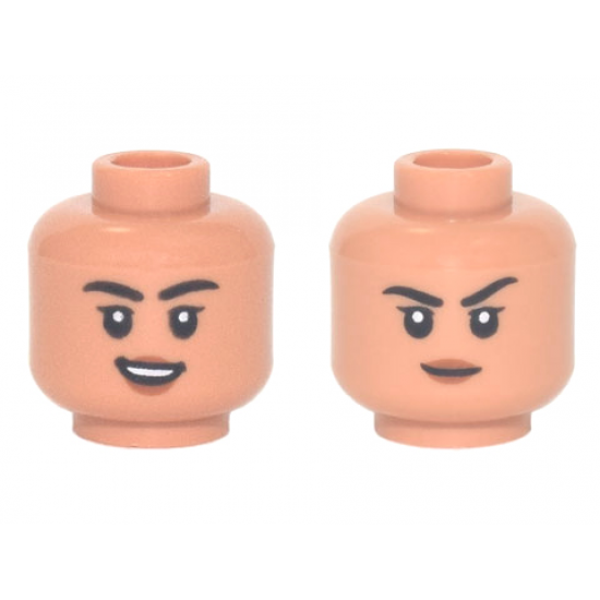 Minifigure, Head Dual Sided Female, Black Eyebrows, Medium Nougat Lips Open Mouth Smile / Raised Eyebrow Pattern