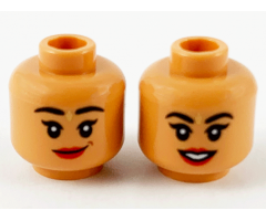 Minifigure, Head Dual Sided Female, Black Eyebrows, Gold Bindi, Red Lips, Lopsided Grin / Open Smile Pattern