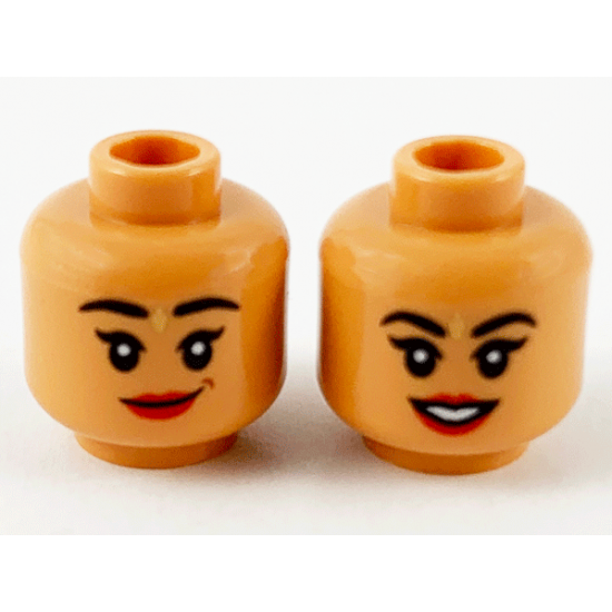 Minifigure, Head Dual Sided Female, Black Eyebrows, Gold Bindi, Red Lips, Lopsided Grin / Open Smile Pattern