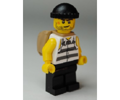 Police - Jail Prisoner Shirt with Prison Stripes and Torn out Sleeves, Black Legs, Black Knit Cap, Open Backpack