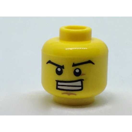Minifigure, Head Black Wide Eyebrows, Wide Grin Showing Teeth, Dark Tan Dimple and Chin Pattern