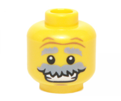 Minifigure, Head Light Bluish Gray Bushy Eyebrows and Moustache, Forehead Creases, Chin Dimple, Open Mouth Smile with Teeth Pattern