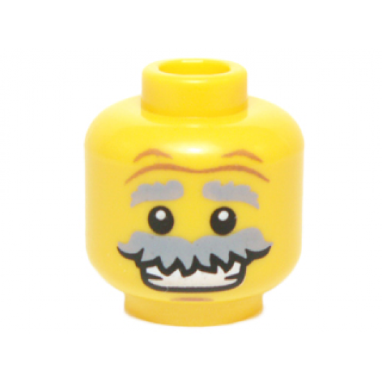 Minifigure, Head Light Bluish Gray Bushy Eyebrows and Moustache, Forehead Creases, Chin Dimple, Open Mouth Smile with Teeth Pattern