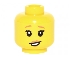 Minifigure, Head Female Dark Orange Eyebrows and Lips, Black Eyelashes, Lopsided Open Mouth Smile with Teeth Pattern