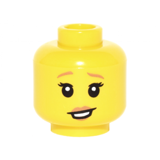 Minifigure, Head Female Dark Orange Eyebrows and Lips, Black Eyelashes, Lopsided Open Mouth Smile with Teeth Pattern