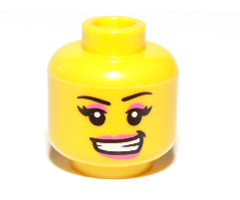 Minifigure, Head Female with Black Eyebrows, Eyelashes, Dark Pink Eye Shadow and Lips, Lopsided Open Mouth Smile with Teeth Pattern