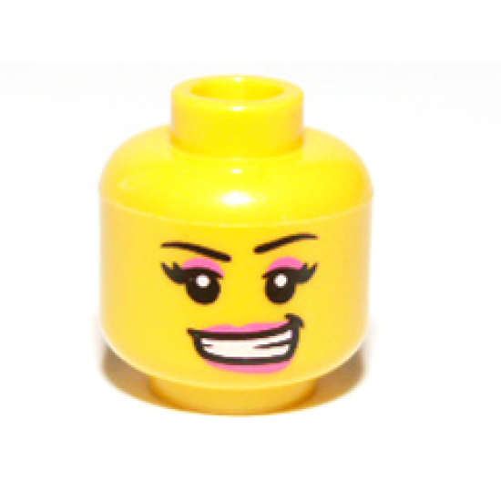 Minifigure, Head Female with Black Eyebrows, Eyelashes, Dark Pink Eye Shadow and Lips, Lopsided Open Mouth Smile with Teeth Pattern